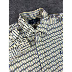 Ralph Lauren Men Large Yellow Blue Stripe Shirt Custom Fit Long Sleeve Button Up